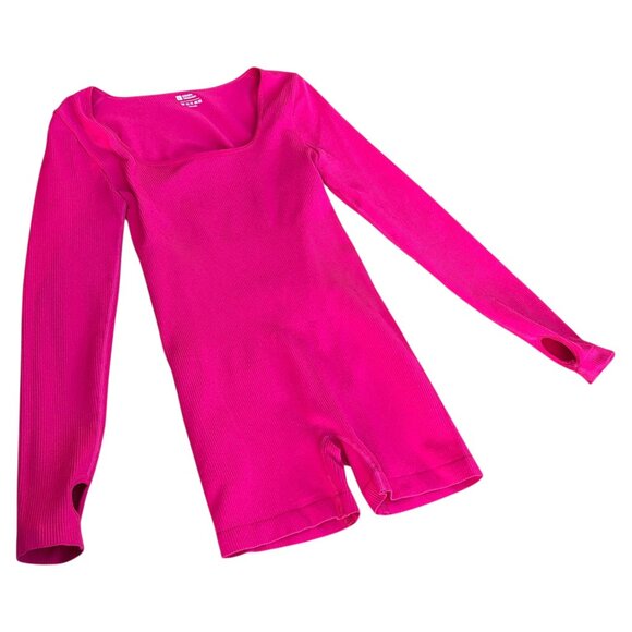 Hot Pink Ribbed Long Sleeve Romper – Square Stretch One-Piece, L - Picture 1 of 3
